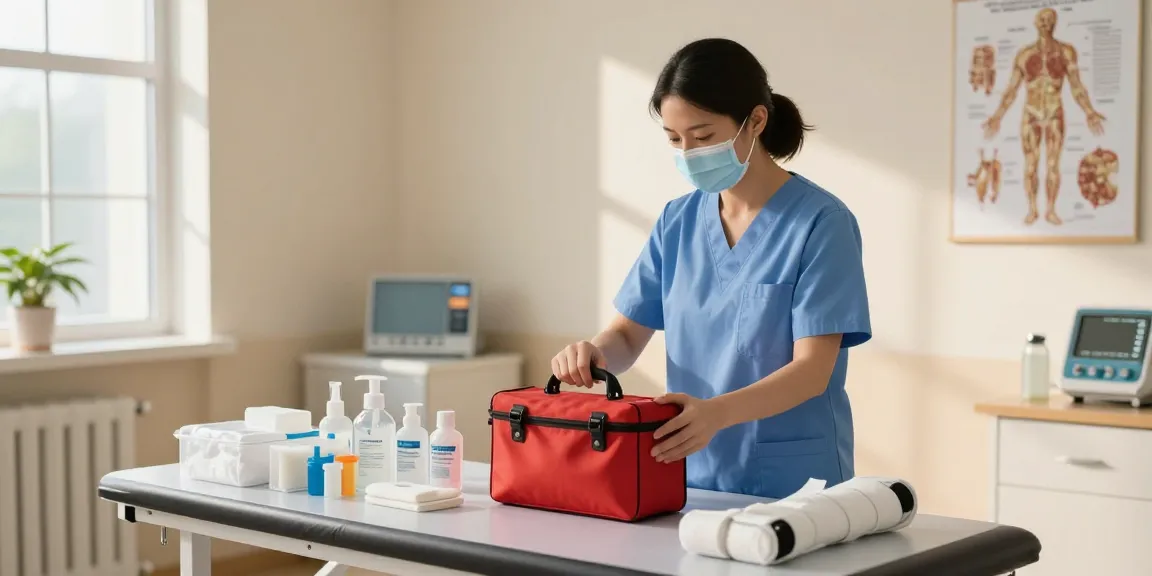 Medical kits arranged with essential supplies in a clinic setting for emergency preparedness.