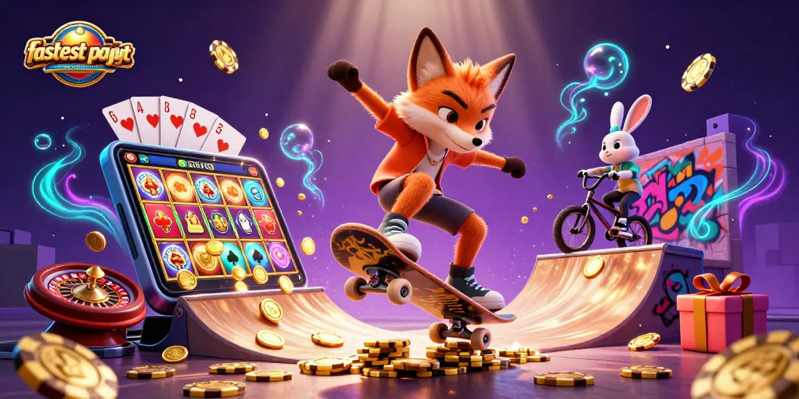 Experience the fastest payout online casino canada with a lively illustration of casino-themed characters and games.