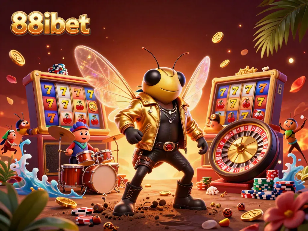 Engage with 88ibet through a vibrant scene featuring a rock star cicada and casino elements.