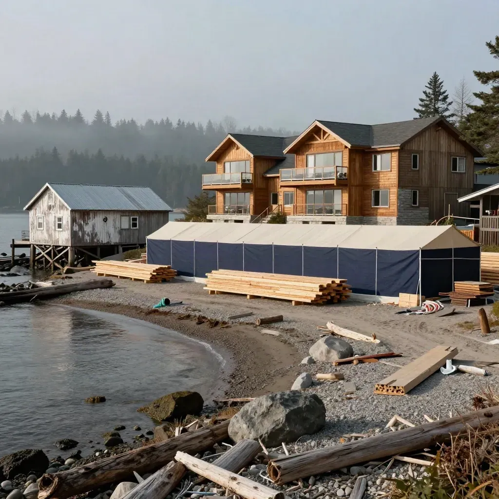 Coastal resort acquisition site with lodge wing, boathouse, and canvas-wrapped renovation zone at low tide.