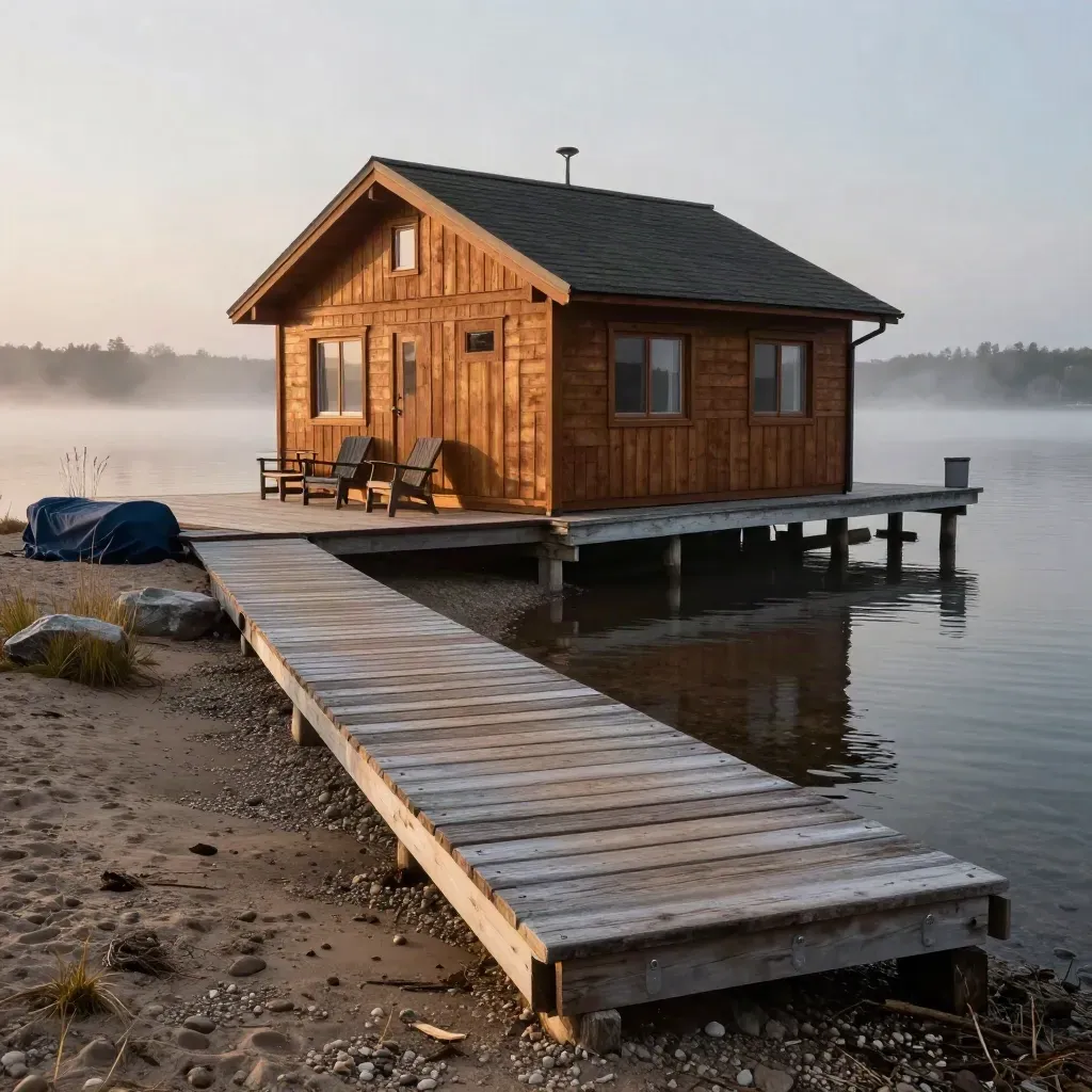 Ontario lakeside resort with new cedar siding, repaired dock, and misty calm water