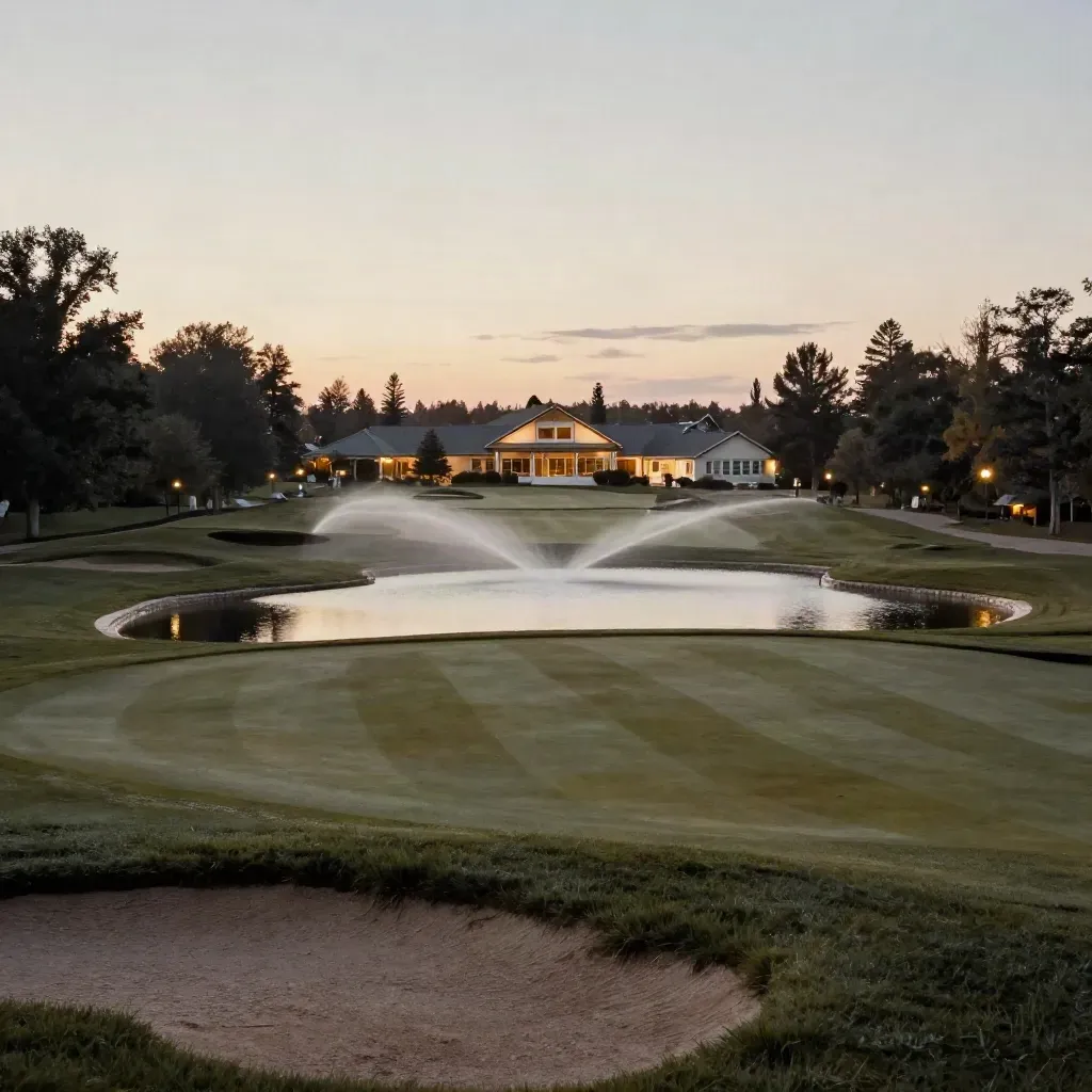 Blue-hour Alberta golf resort fairway with glowing clubhouse, pond, and sprinkler mist