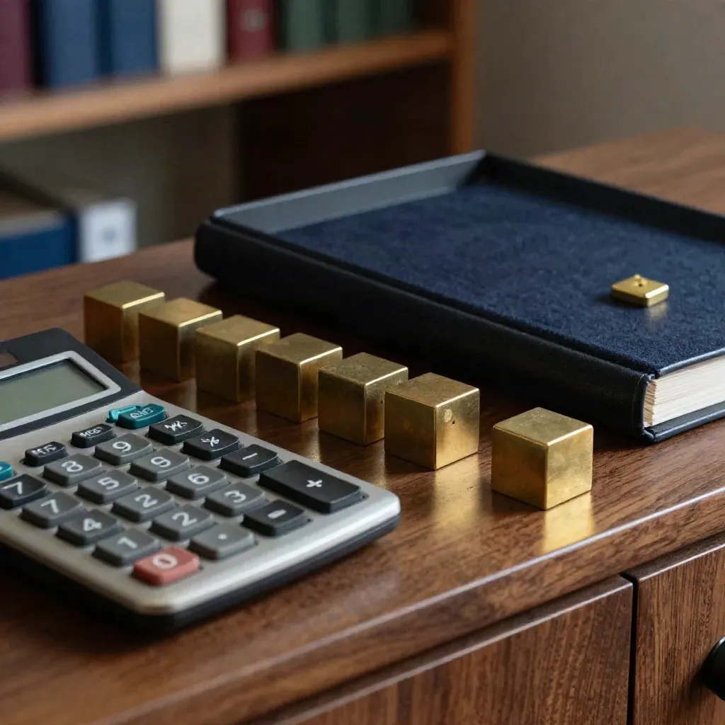 Brass cubes, a calculator, binder edge and clip tray in a dramatic underwriting still life.