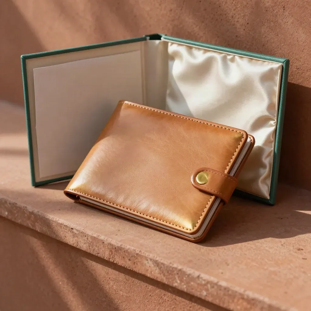 Open leather folio and satin-lined box on terracotta stone with brass clasp.
