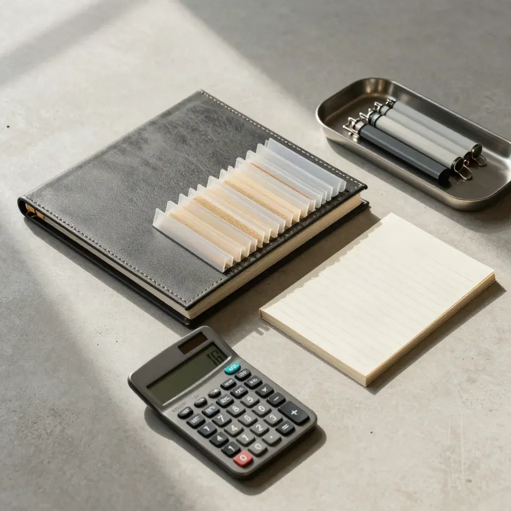 Overhead flatlay of a charcoal binder, sorted tabs, calculator, and metal tray on pale concrete.