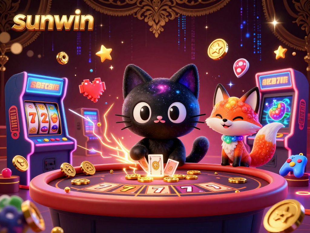 Engage in thrilling gameplay with sunwin at a cosmic casino featuring vibrant characters and slot symbols.