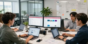 Team collaborating on the WPS Official Website in a modern office setting